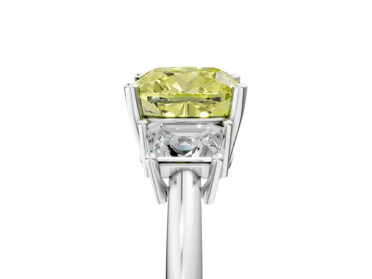 Fancy Yellow Cushion Cut Diamond Three-Stone Ring with Trapezoid Side Stones and Prong Setting Platinum
