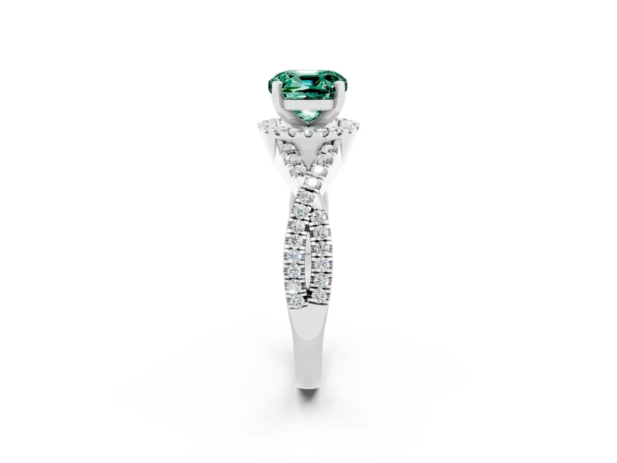 Cushion Cut Green Sapphire Halo Twist Band Solitaire Prong Setting Ring White gold