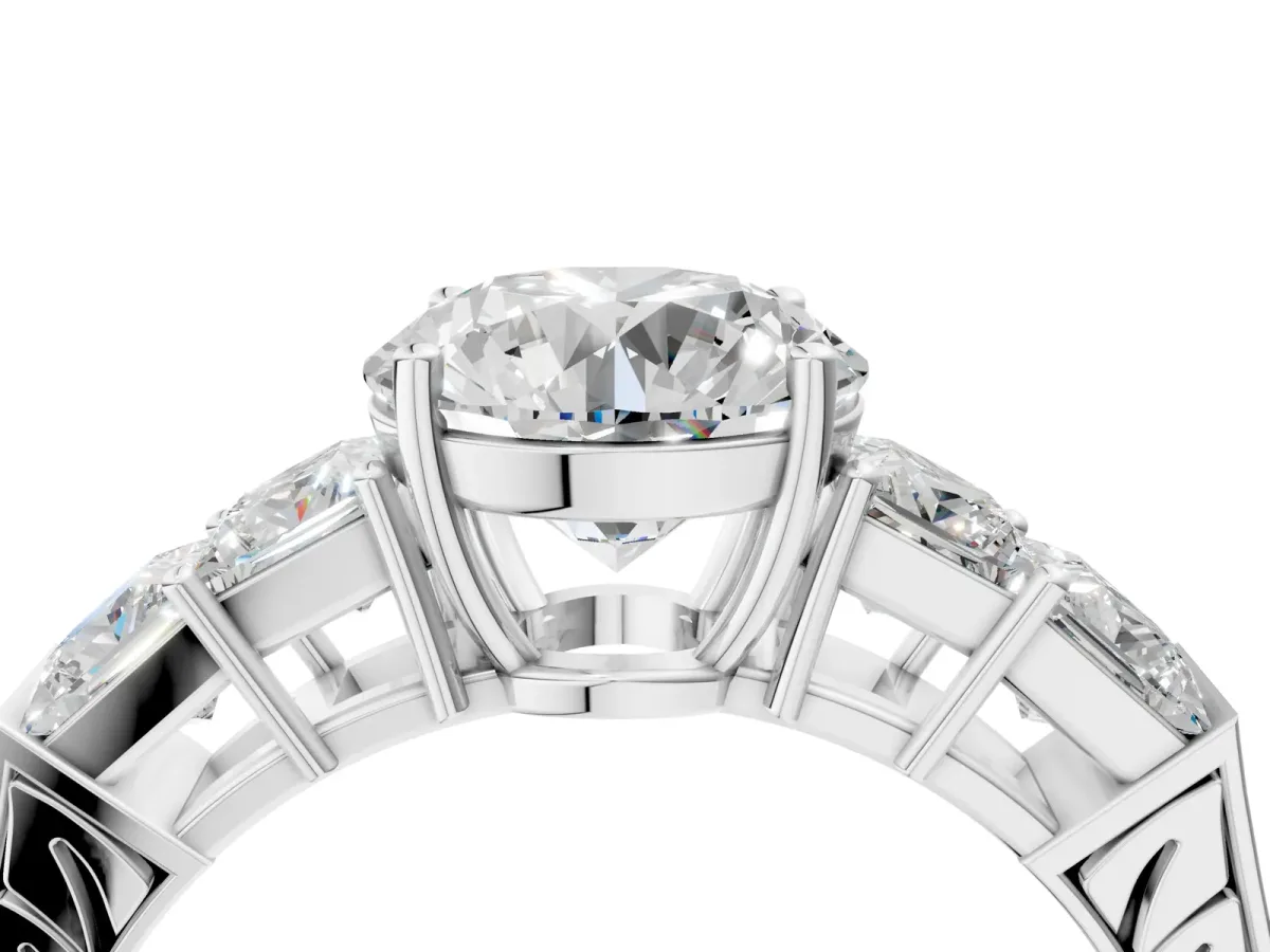 Round Cut Solitaire Princess Side Stone Engraved Band Prong Setting Ring Platinum