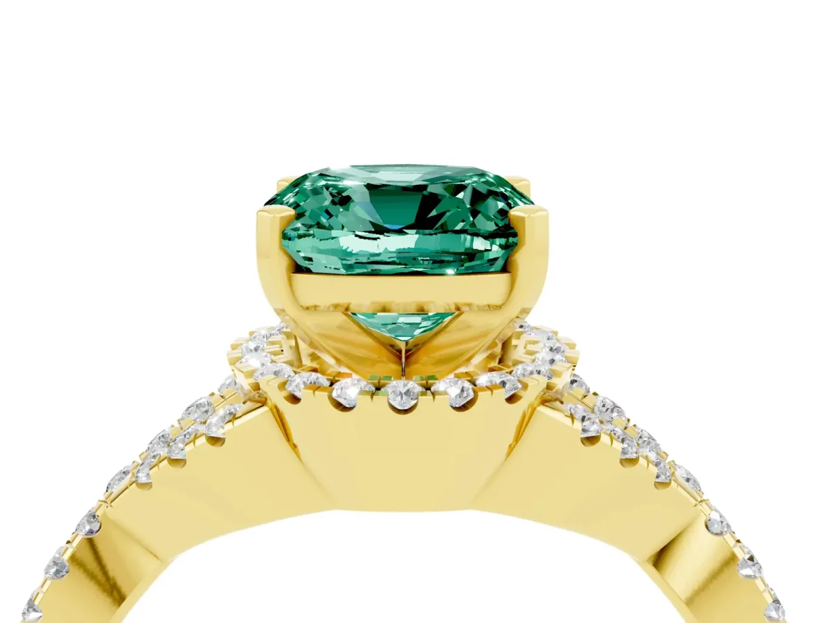 Cushion Cut Green Sapphire Halo Twist Band Solitaire Prong Setting Ring Yellow gold
