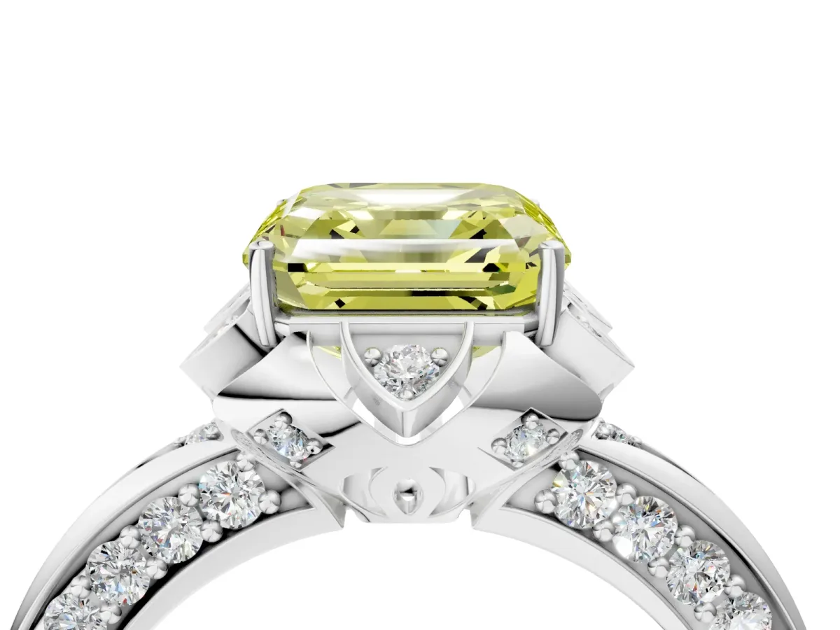 Fancy Yellow Asscher Cut Halo Split Shank Pave Diamond Ring with Petal Prong Setting Platinum