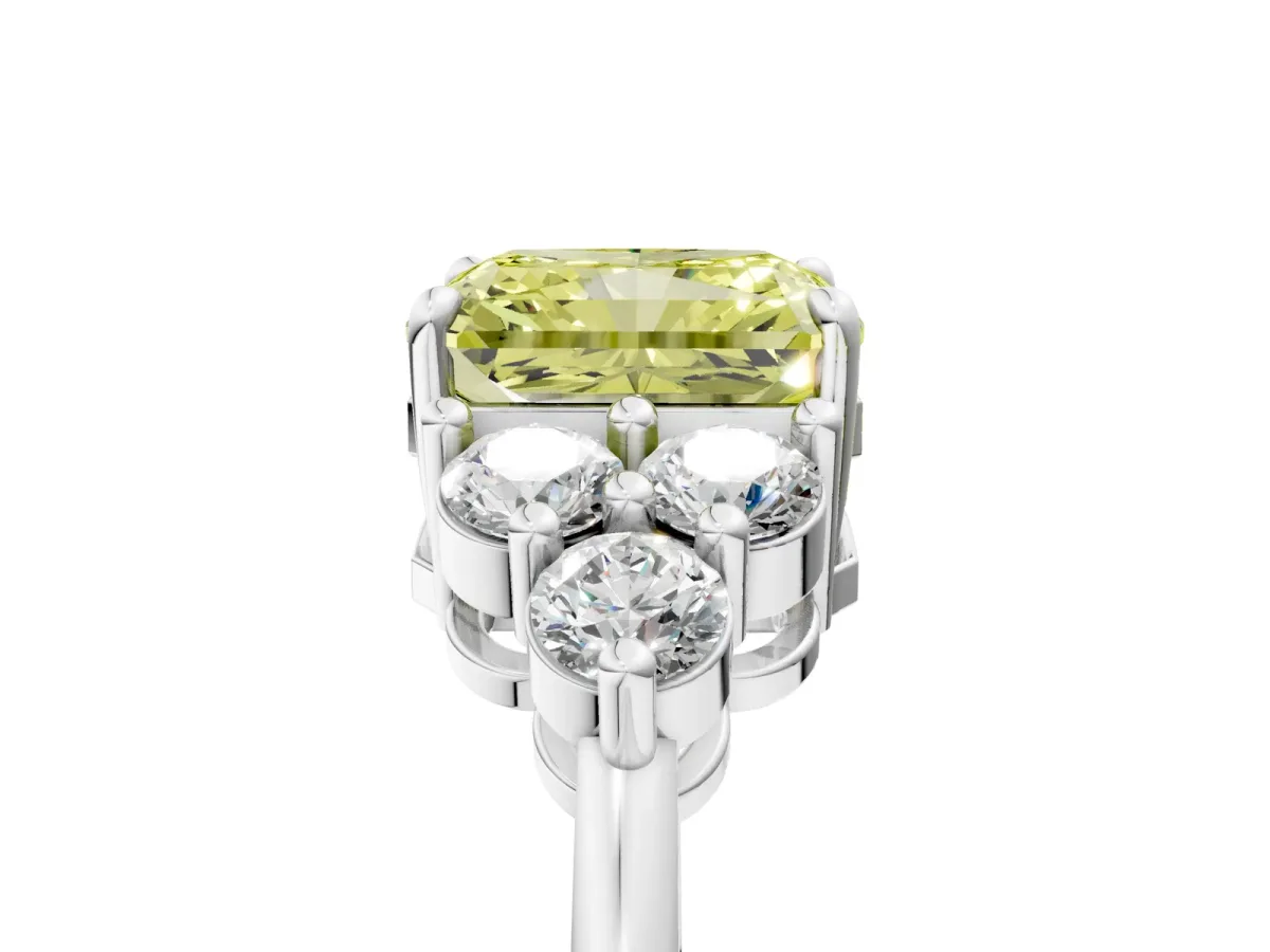 Fancy Yellow Radiant Cut Brilliant Diamond Cluster Accent Solitaire Ring with Prong Setting Platinum