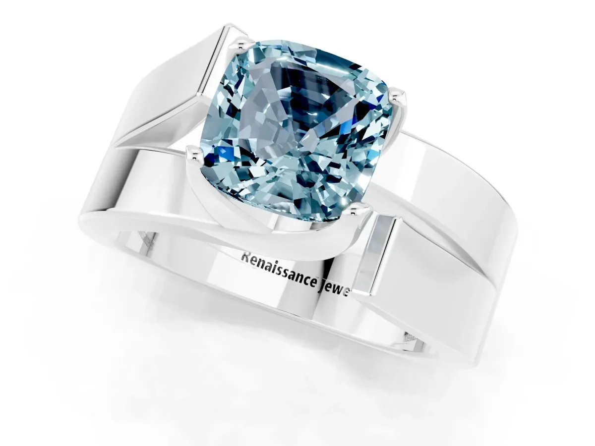 Modern Tension Set Cushion Cut Aquamarine Solitaire Wide Band Ring White gold