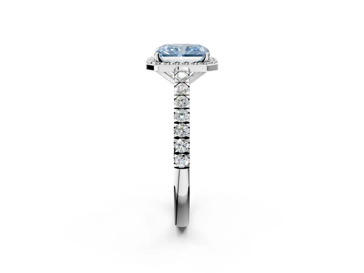 Fancy Blue Radiant Cut Cut Halo Diamond Engagement Ring with Pave Band and Four-Prong Setting Platinum