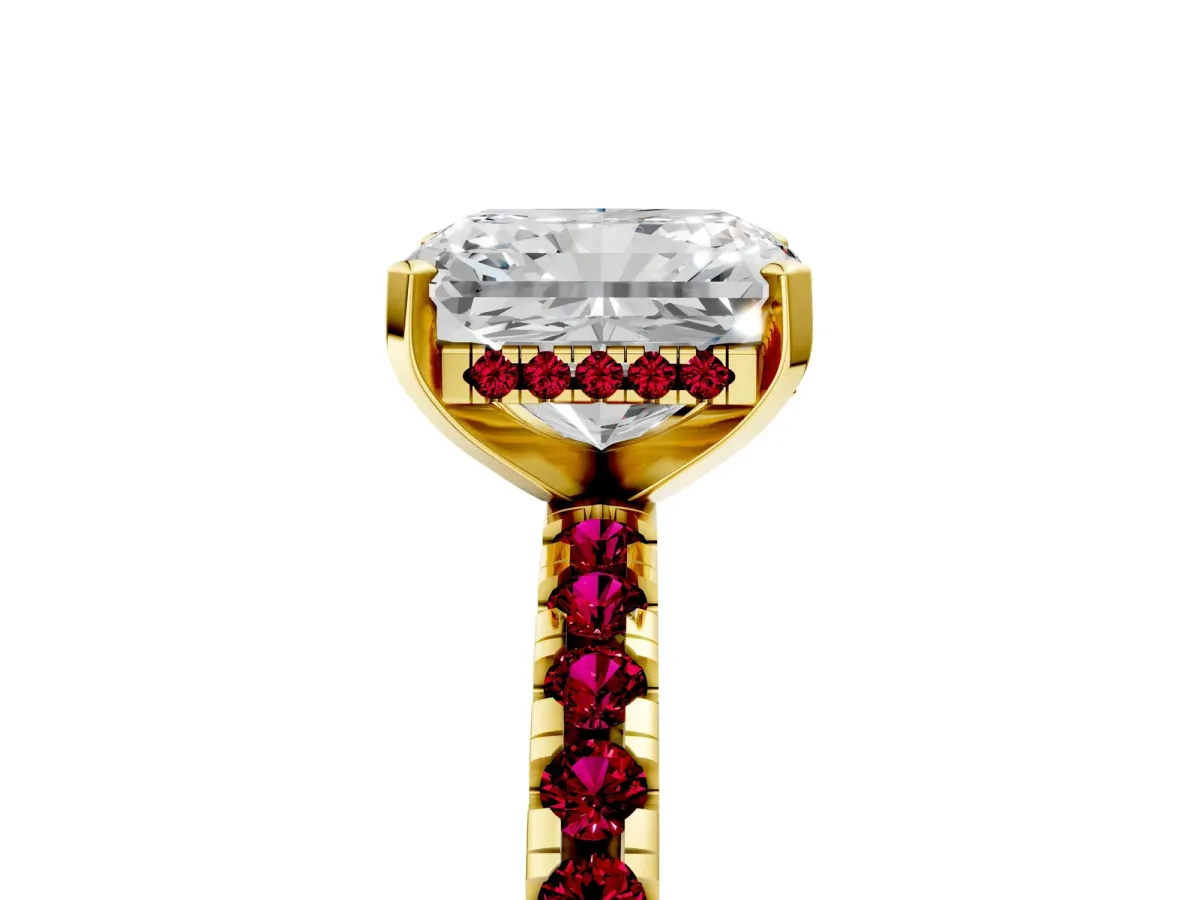 Radiant Cut Diamond Solitaire Ring with Round Garnet Pavé Band and Four-Prong Setting Yellow gold