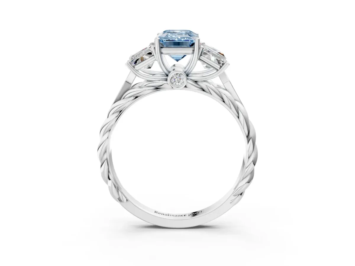 Fancy Blue Three-Stone Emerald Cut Diamond Braided Band Ring with Four-Prong Setting Silver