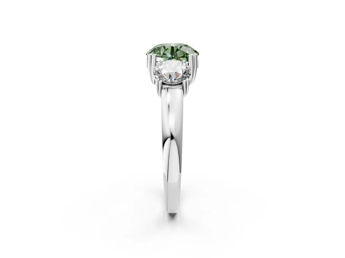 Fancy Green Three-Stone Round Cut Cut Diamond Ring with Channel Set Band and Four-Prong Setting Silver