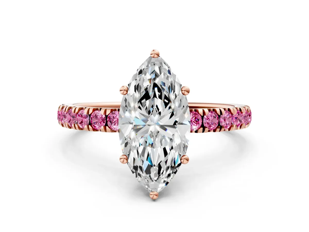 Marquise Cut Diamond Pave Band Solitaire Ring with Round Pink Sapphire and Prong Setting Rose gold