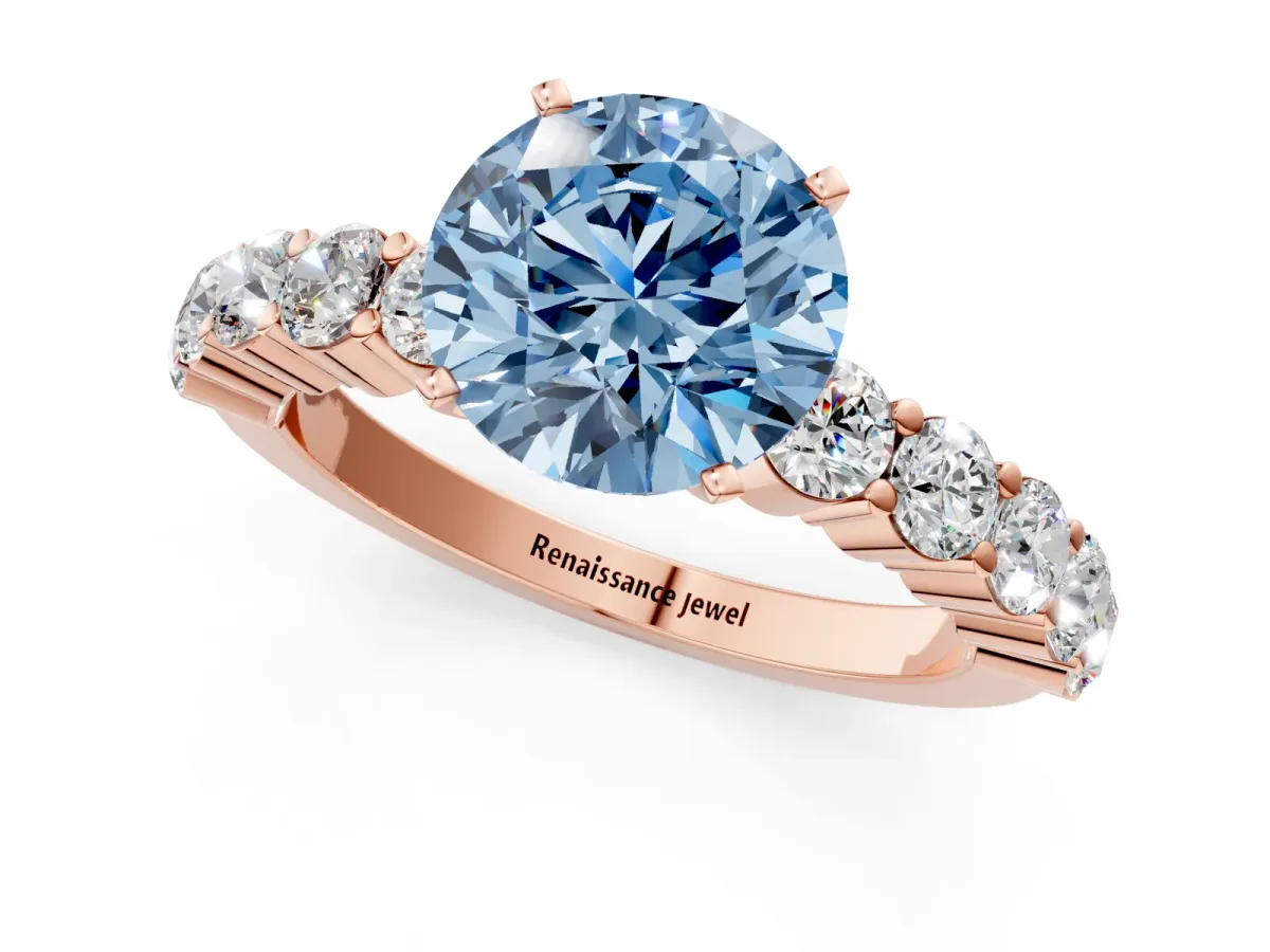 Fancy Blue Round Cut Diamond Solitaire Ring with Shared Prong Round Side Stones Rose gold