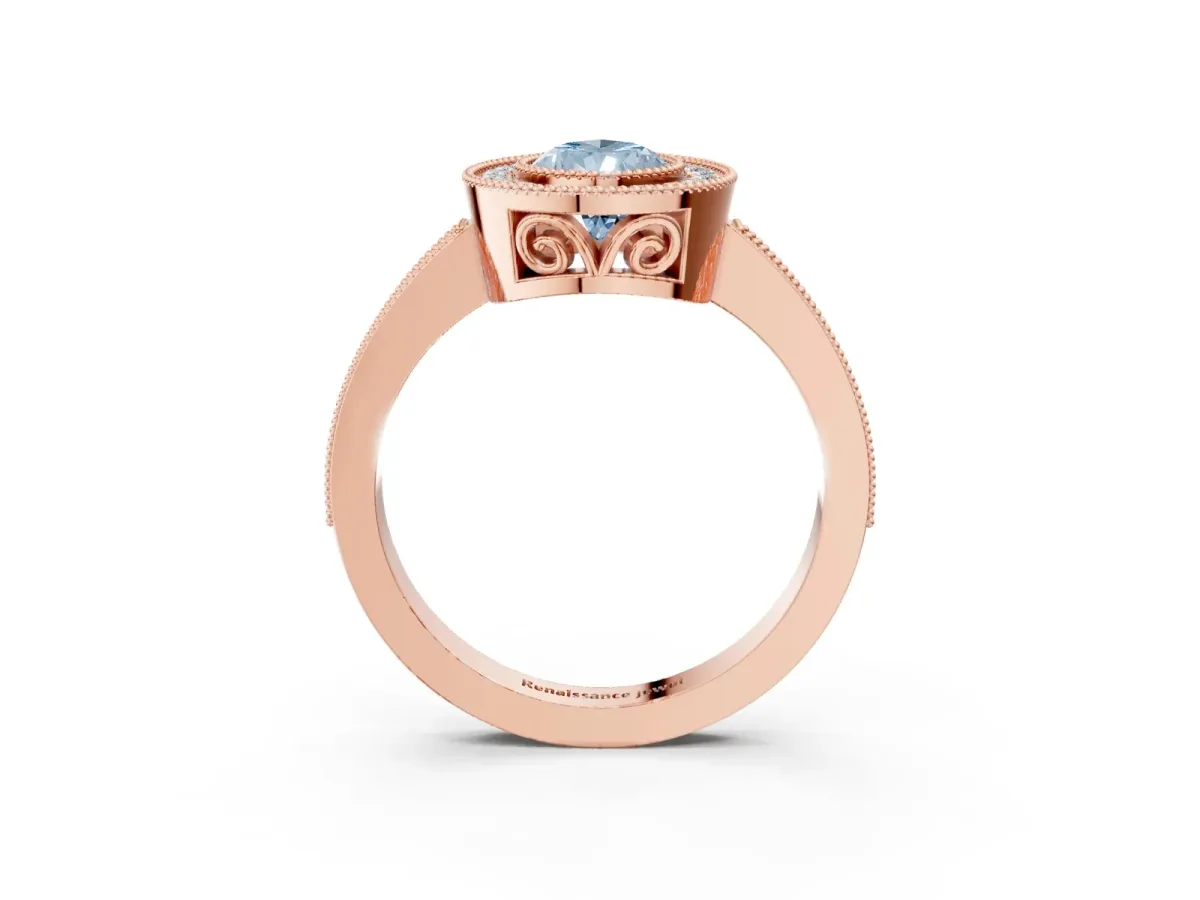 Fancy Blue Pear Cut Cut Halo Diamond Ring with Pavé Band and Milgrain Prong Setting Rose gold