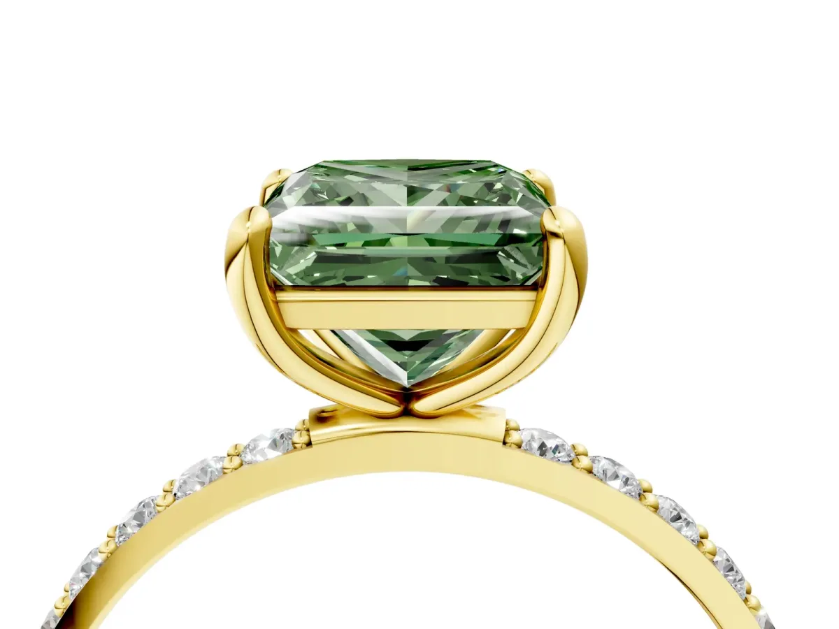 Fancy Green Princess Cut Diamond Solitaire Ring with Round Pavé Band and Prong Setting Yellow gold