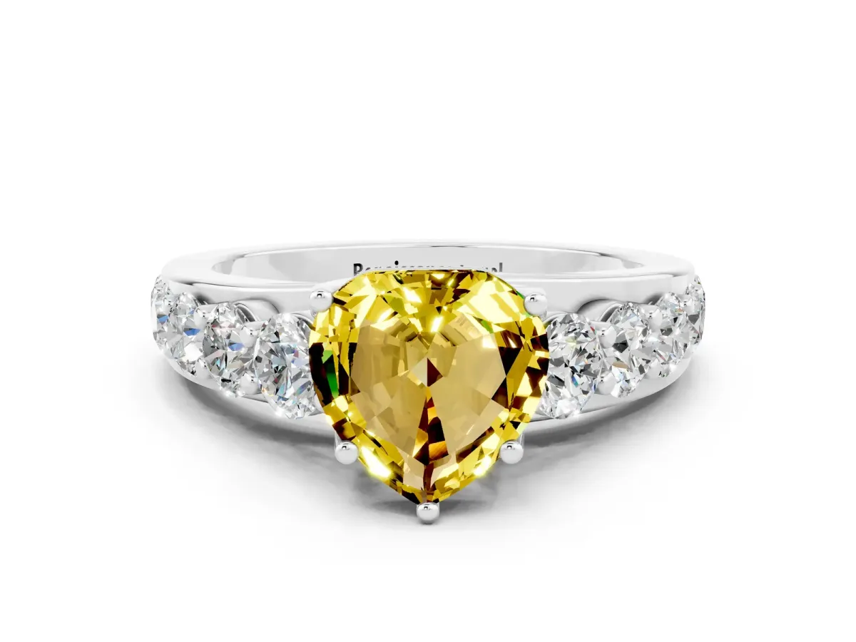 Heart Cut Yellow Sapphire Engagement Ring with Pavé Band and Four-Prong Setting White gold