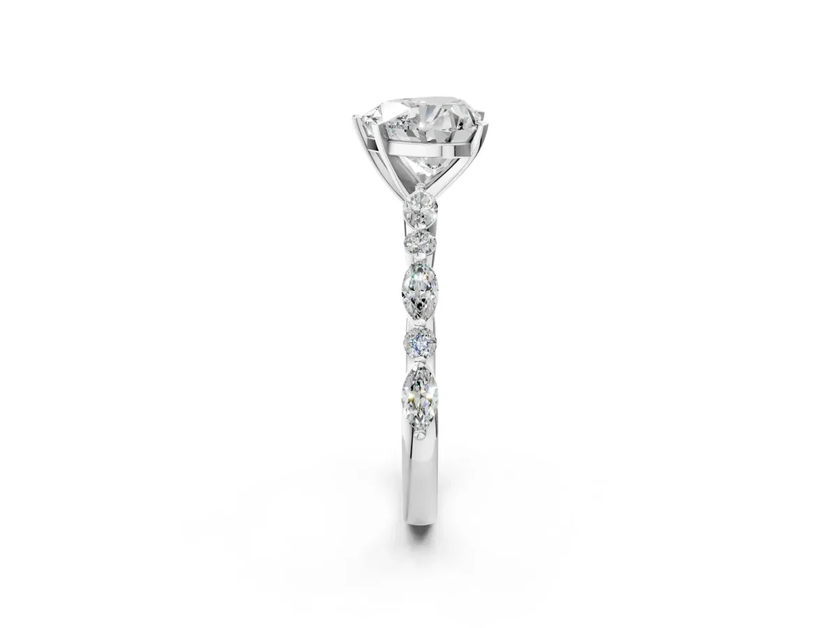 Heart Cut Diamond Ring with Marquise and Round Side Stones and Four-Prong Setting White gold