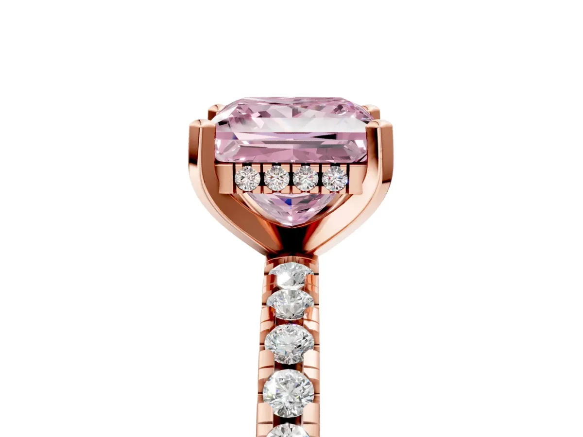 Fancy Pink Princess Cut Diamond Solitaire Ring with Round Pavé Band and Four-Prong Setting Rose gold