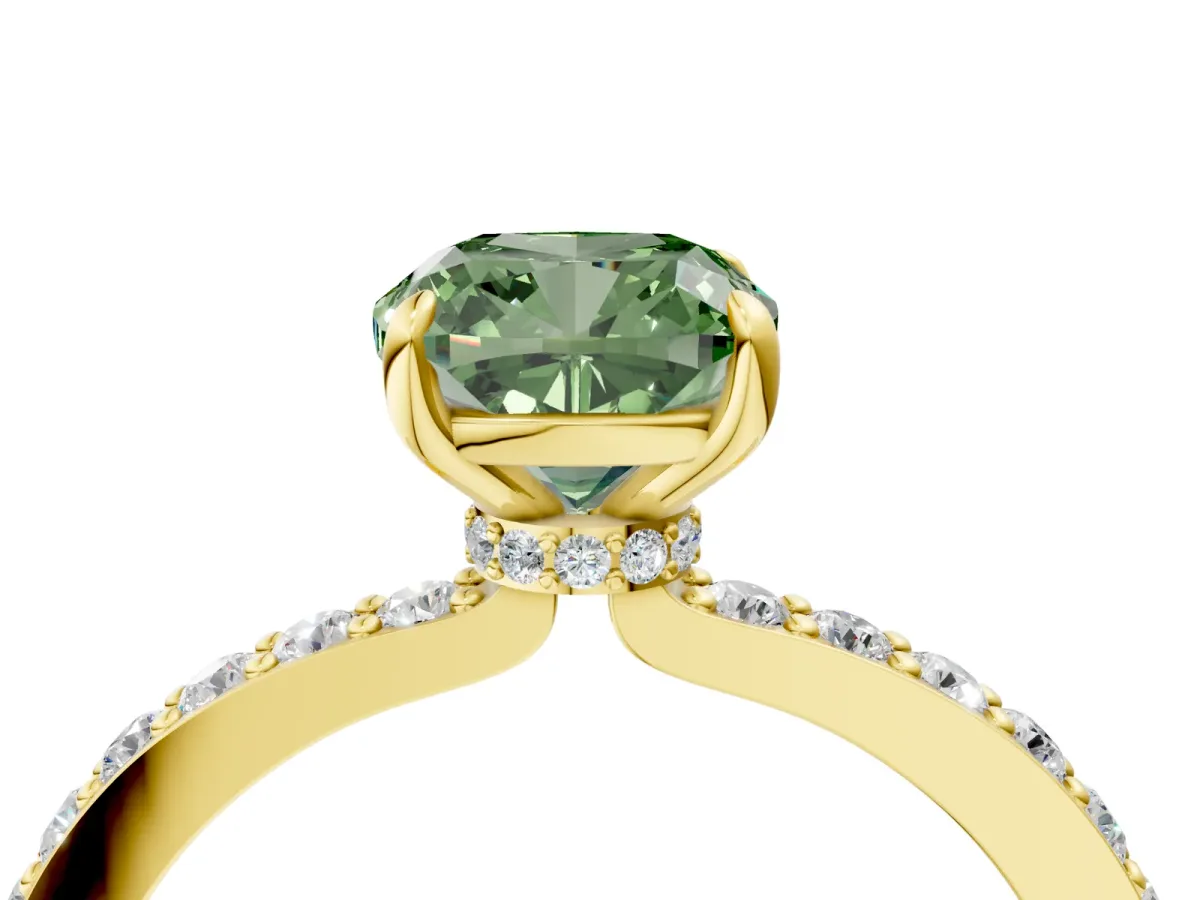 Fancy Green Cushion Cut Diamond Solitaire Engagement Ring with Pavé Band and Four-Prong Setting Yellow gold