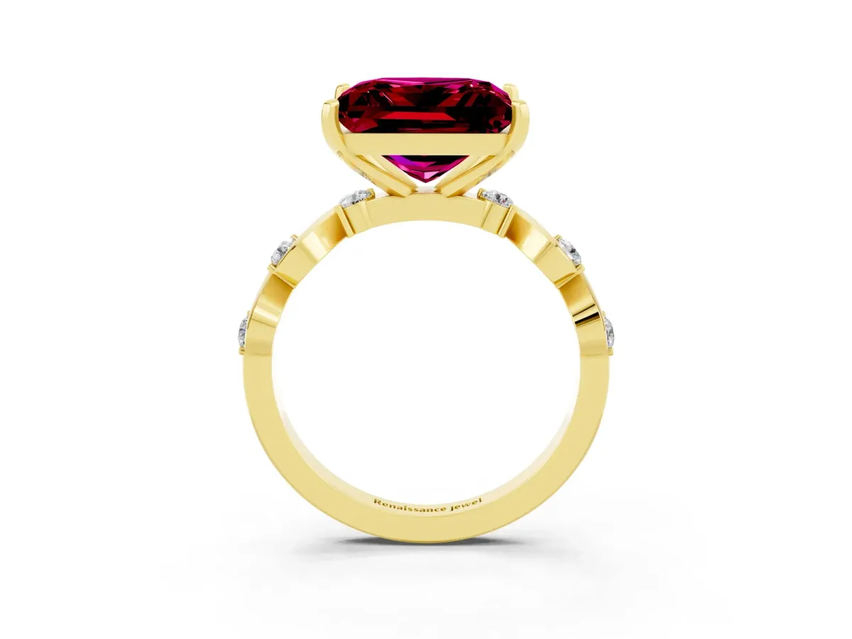 Princess Cut Garnet Solitaire Twisted Band with Round Accents and Prong Setting Yellow gold