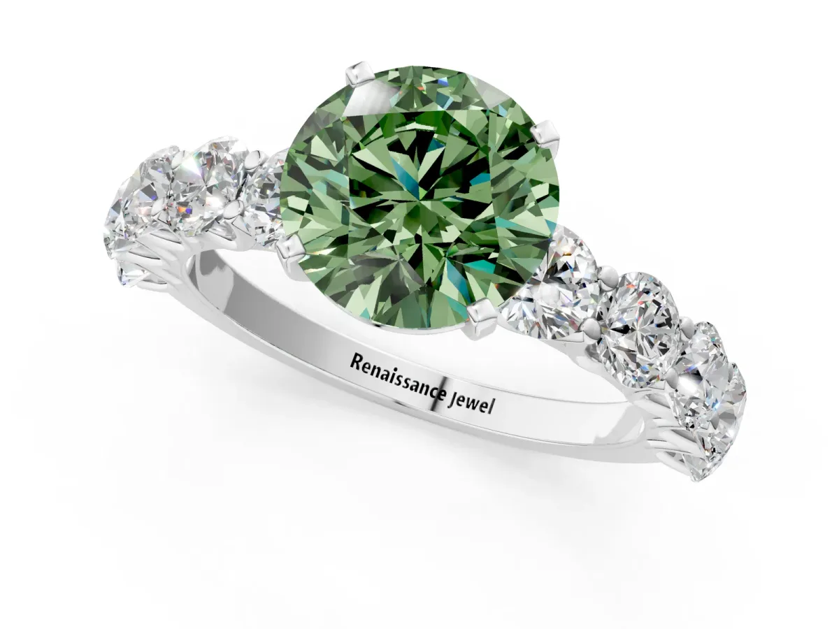 Fancy Green Round Cut Diamond Prong Setting with Side Stones on a Pave Band Silver