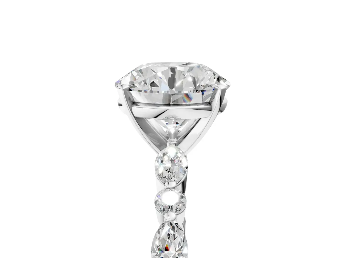 Round Cut Diamond Ring with Marquise and Round Moissanite Side Stones and Four-Prong Setting White gold