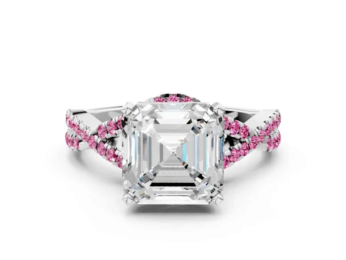 Asscher Cut Diamond Pink Sapphire Halo Twist Band Solitaire Prong Setting Ring White gold