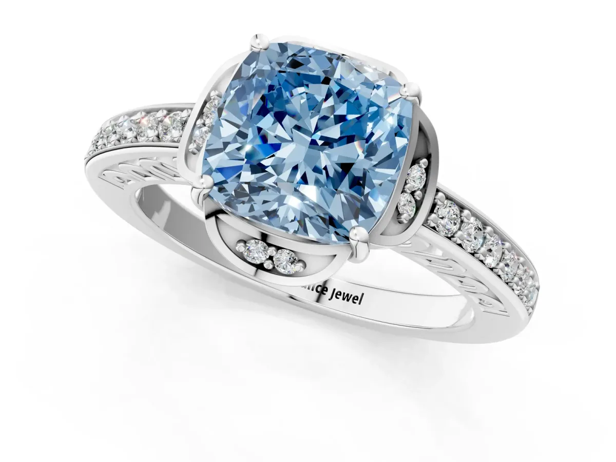 Fancy Blue Cushion Cut Cut Halo Diamond Ring with Channel Set Band and Four-Prong Setting White gold