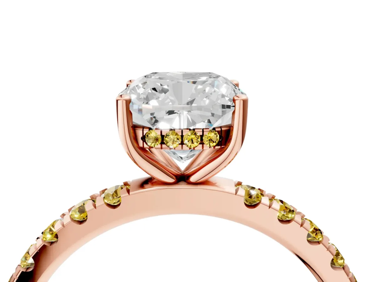 Cushion Cut Diamond Pave Band Solitaire Ring with Round Yellow Sapphire and Prong Setting Rose gold