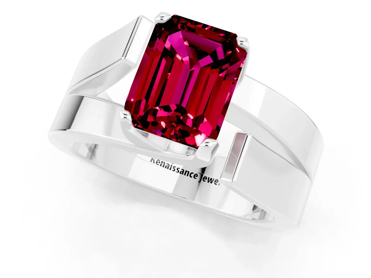 Modern Tension Set Emerald Cut Garnet Solitaire Wide Band Ring Silver