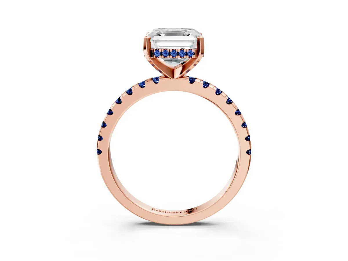 Asscher Cut Diamond Solitaire Ring with Round Blue Sapphire Pavé Band and Four-Prong Setting Rose gold