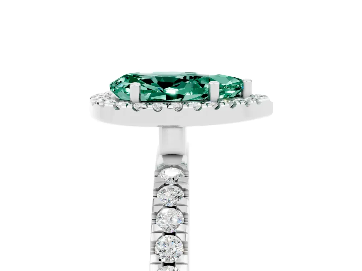 Pear Cut Green Sapphire Classic Halo Engagement Ring with Round Pavé Band and Prong Setting Silver