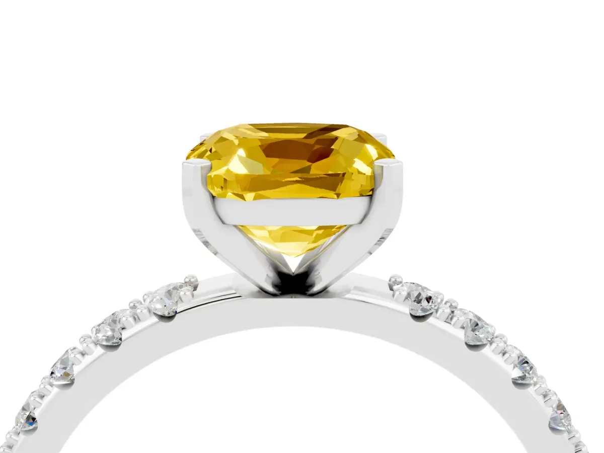 Cushion Cut Yellow Sapphire Solitaire Pavé Band with Four-Prong Setting Silver