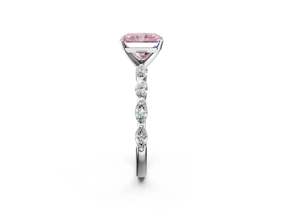 Fancy Pink Radiant Cut Diamond Ring with Marquise Side Stones and Prong Setting Platinum