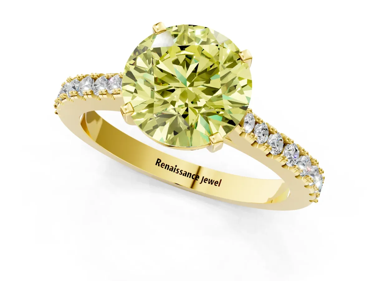 Fancy Yellow Asscher Cut Cut Solitaire Diamond Engagement Ring with Pave Band and Four-Prong Setting Yellow gold