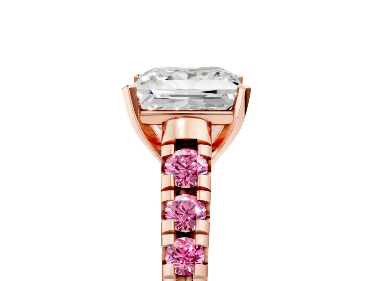 Princess Cut Diamond Cathedral Solitaire Ring with Round Pink Sapphire Pavé Band Rose gold