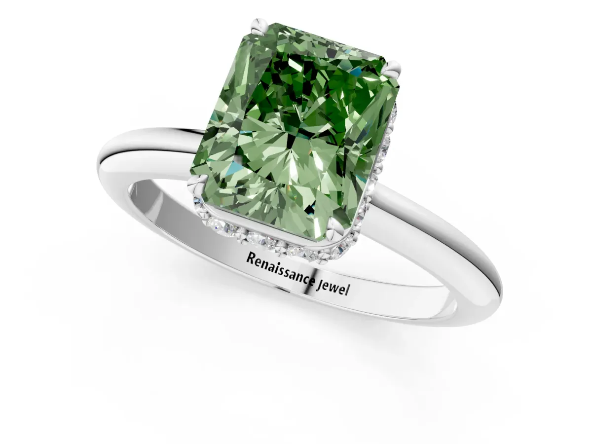 Fancy Green Radiant Cut Brilliant Solitaire Engagement Ring with Six-Prong Setting and Classic Band Platinum