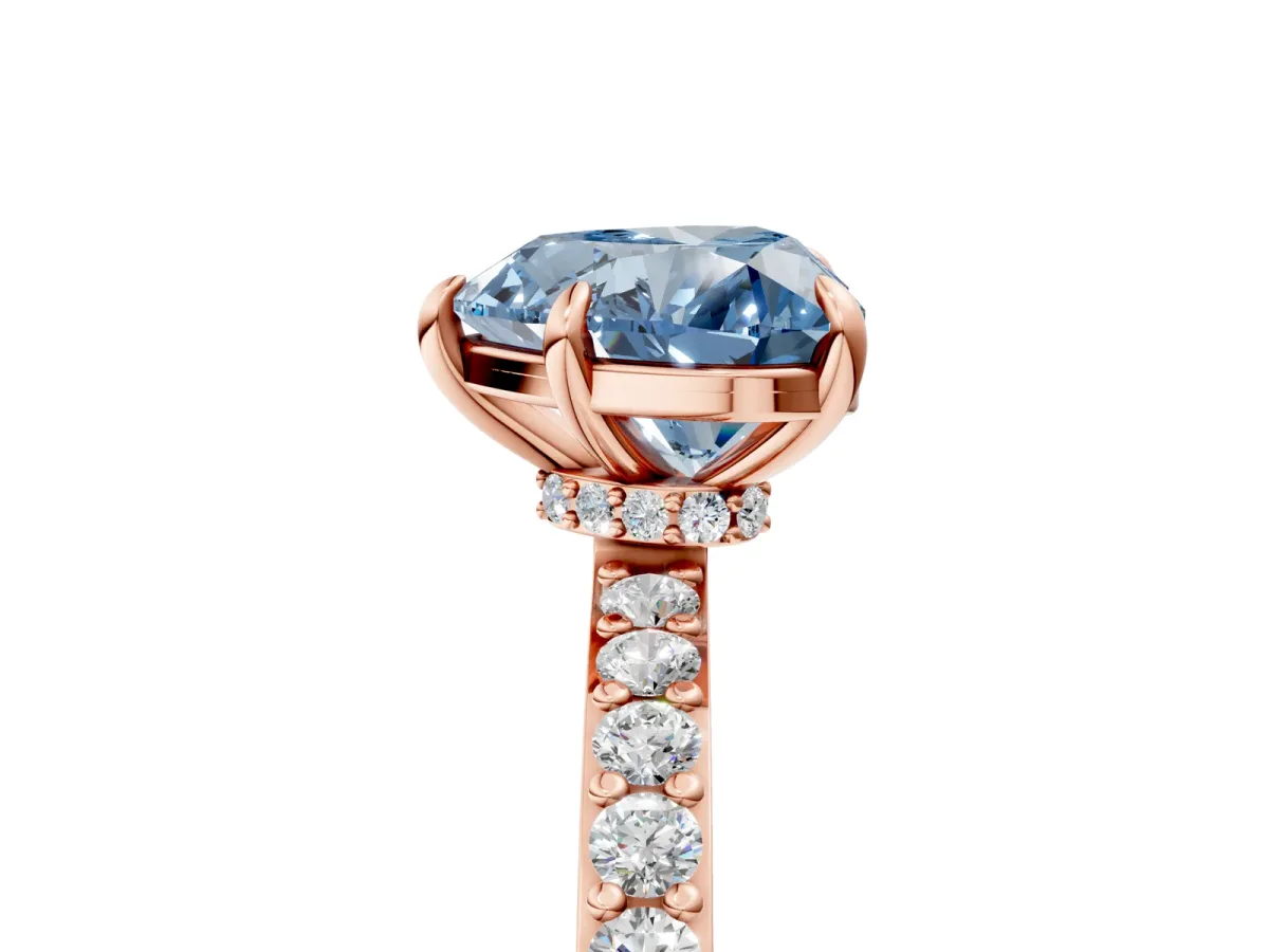 Fancy Blue Heart Cut Diamond Solitaire Engagement Ring with Pavé Band and Four-Prong Setting Rose gold