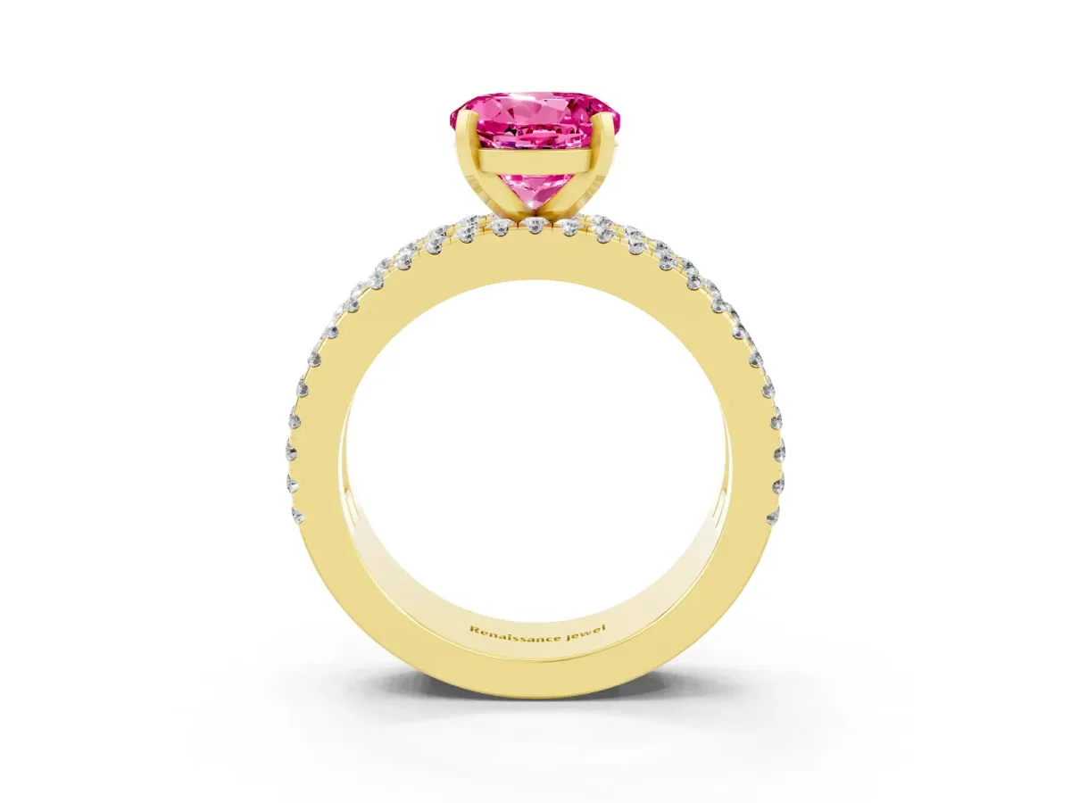 Round Cut Pink Sapphire Solitaire Ring with Pavé and Channel Set Band Yellow gold