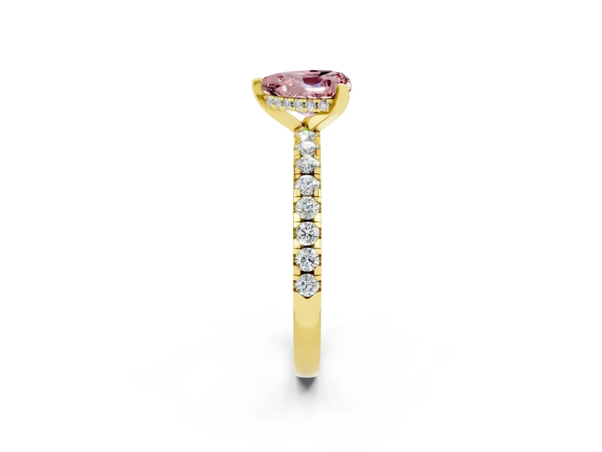 Heart Cut Morganite Solitaire Ring with Round Pavé Band and Four-Prong Setting Yellow gold