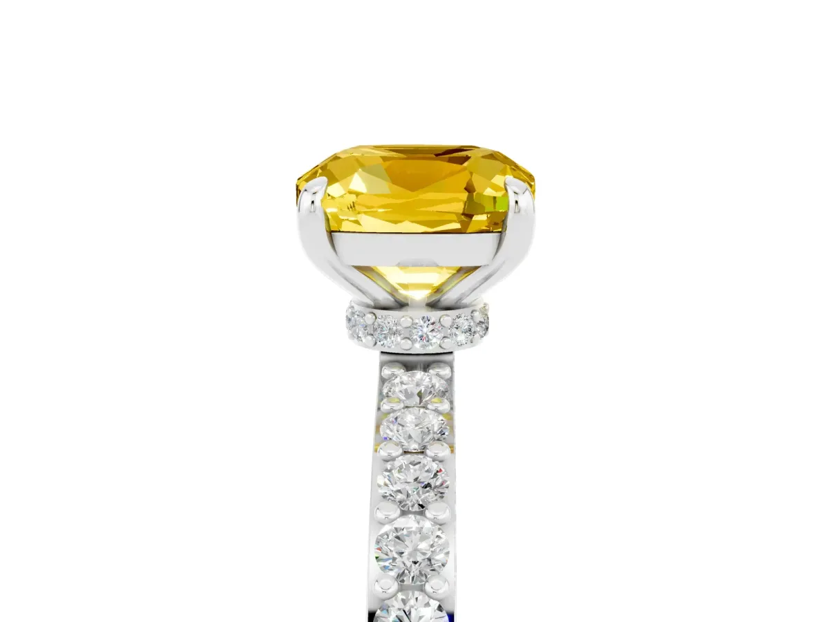 Cushion Cut Yellow Sapphire Solitaire Engagement Ring with Pavé Band and Four-Prong Setting White gold