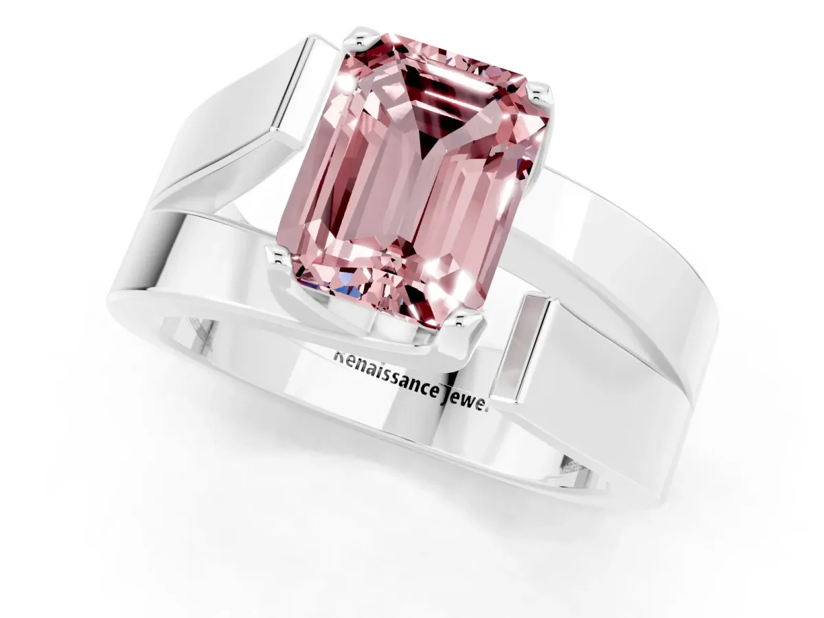 Modern Tension Set Emerald Cut Morganite Solitaire Wide Band Ring Silver