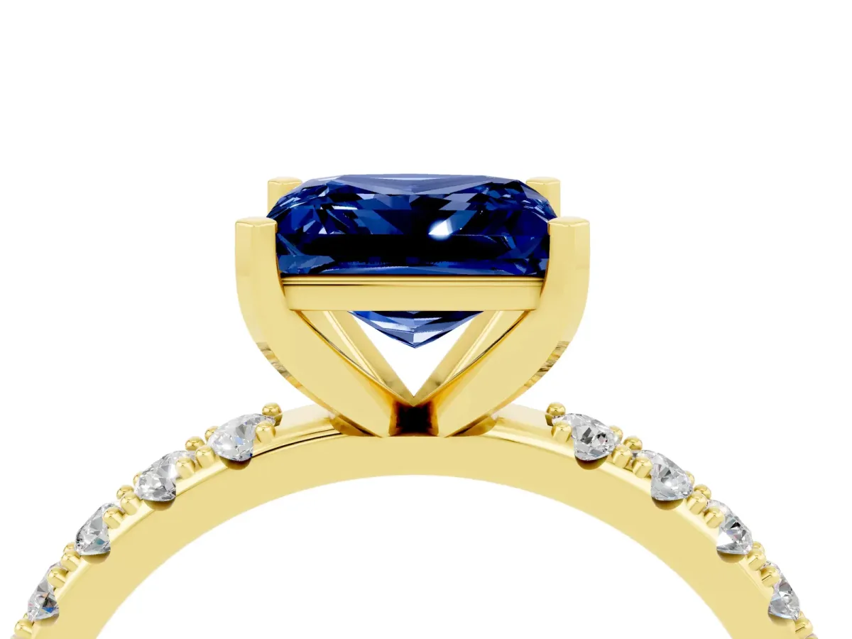 Princess Cut Blue Sapphire Solitaire Pavé Band with Four-Prong Setting Yellow gold