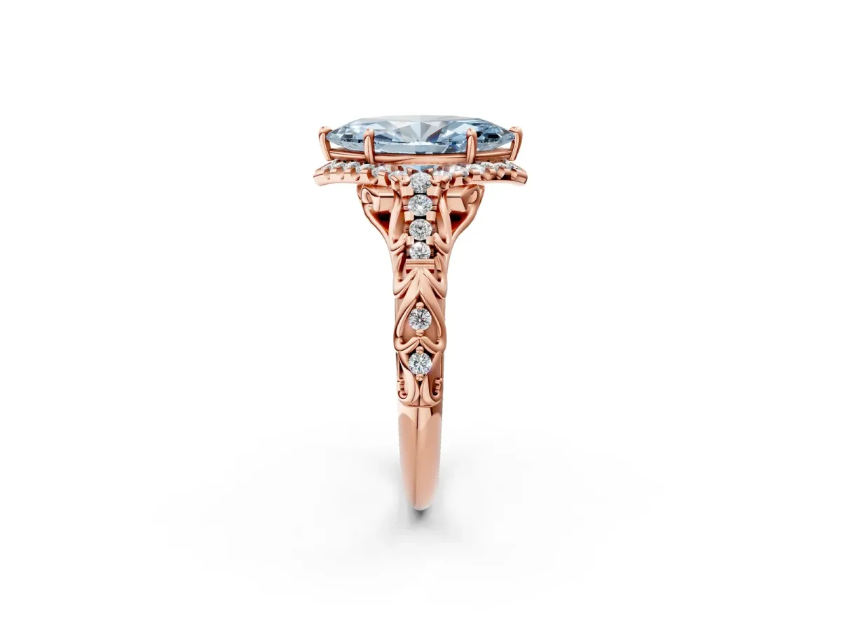 Fancy Blue Marquise Cut Diamond Solitaire Ring with Hidden Halo and Pavé Band Rose gold