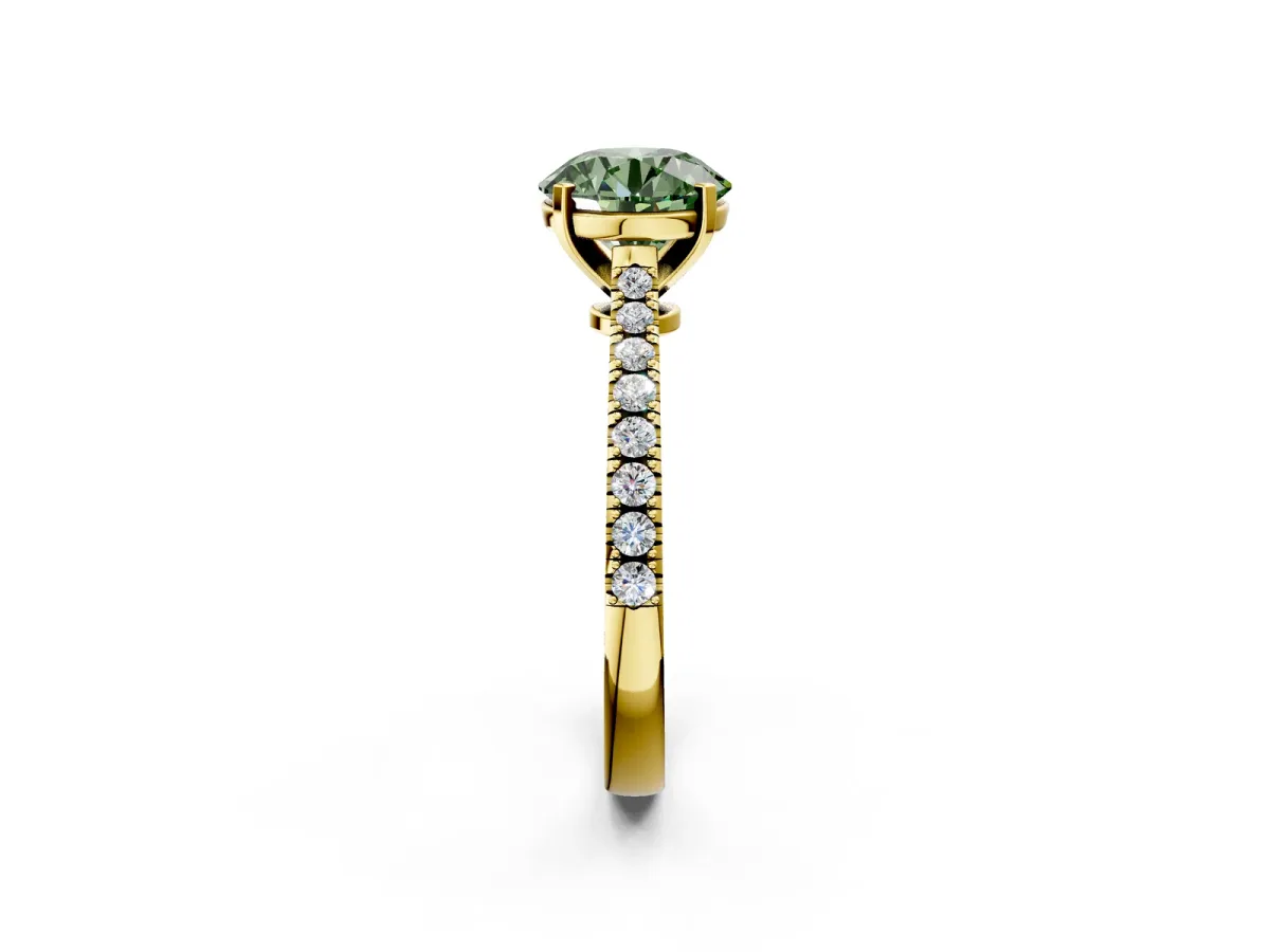Fancy Green Round Cut Cut Solitaire Diamond Engagement Ring with Pave Band and Four-Prong Setting Yellow gold