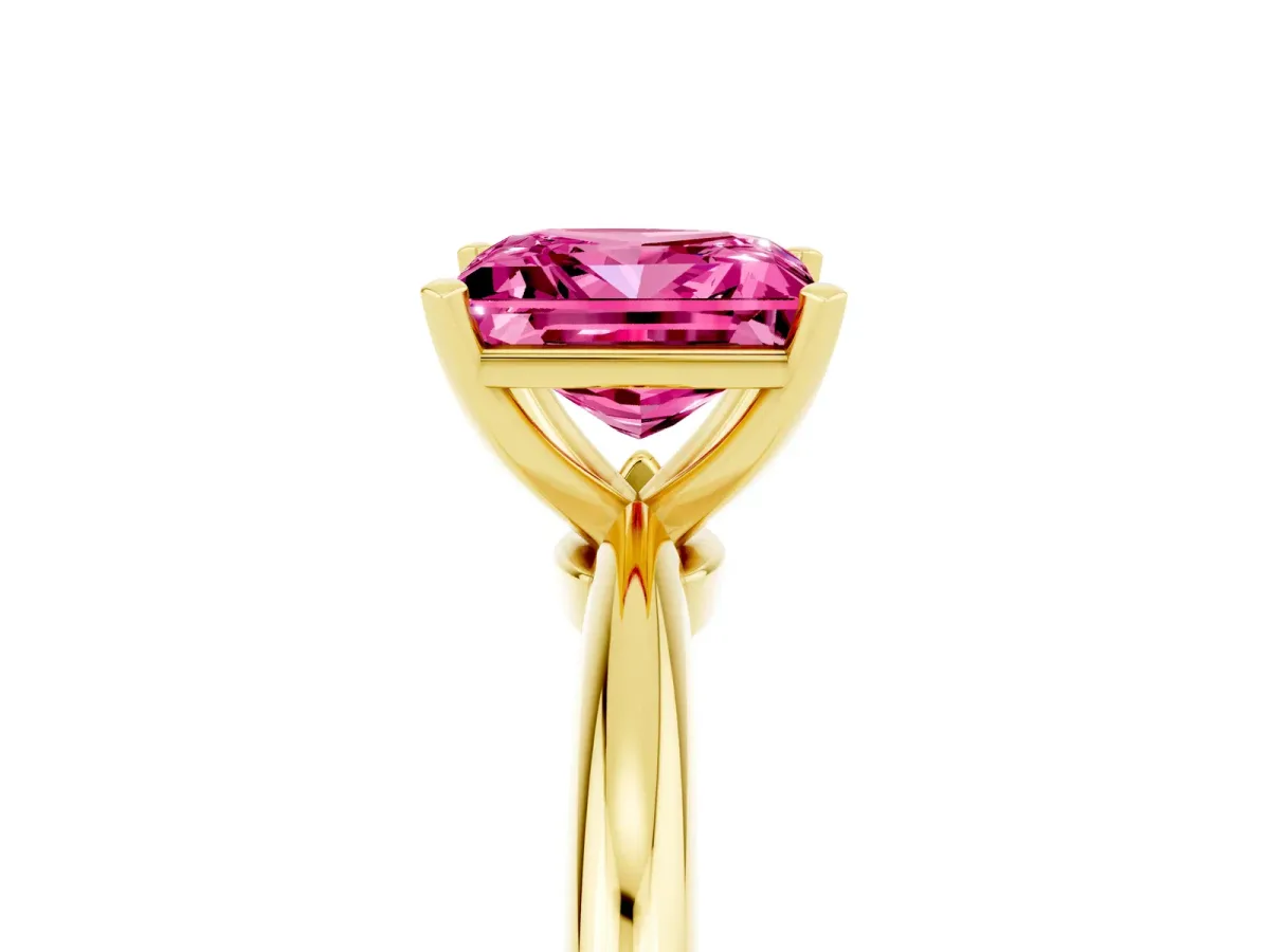 Princess Cut Pink Sapphire Solitaire Ring with Six-Prong Setting and Classic Band Yellow gold