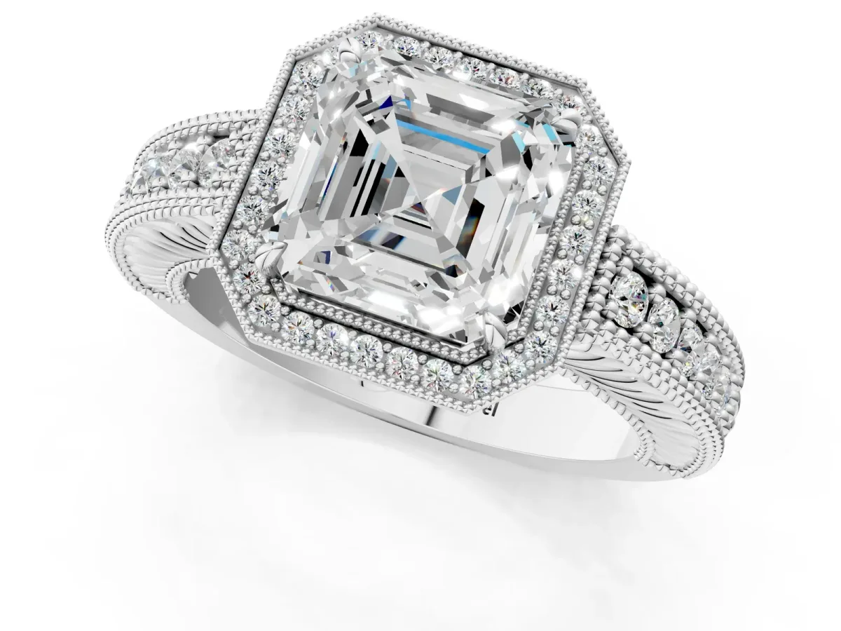 Asscher Cut Cut Halo Diamond Ring with Pavé Band and Four-Prong Setting Platinum