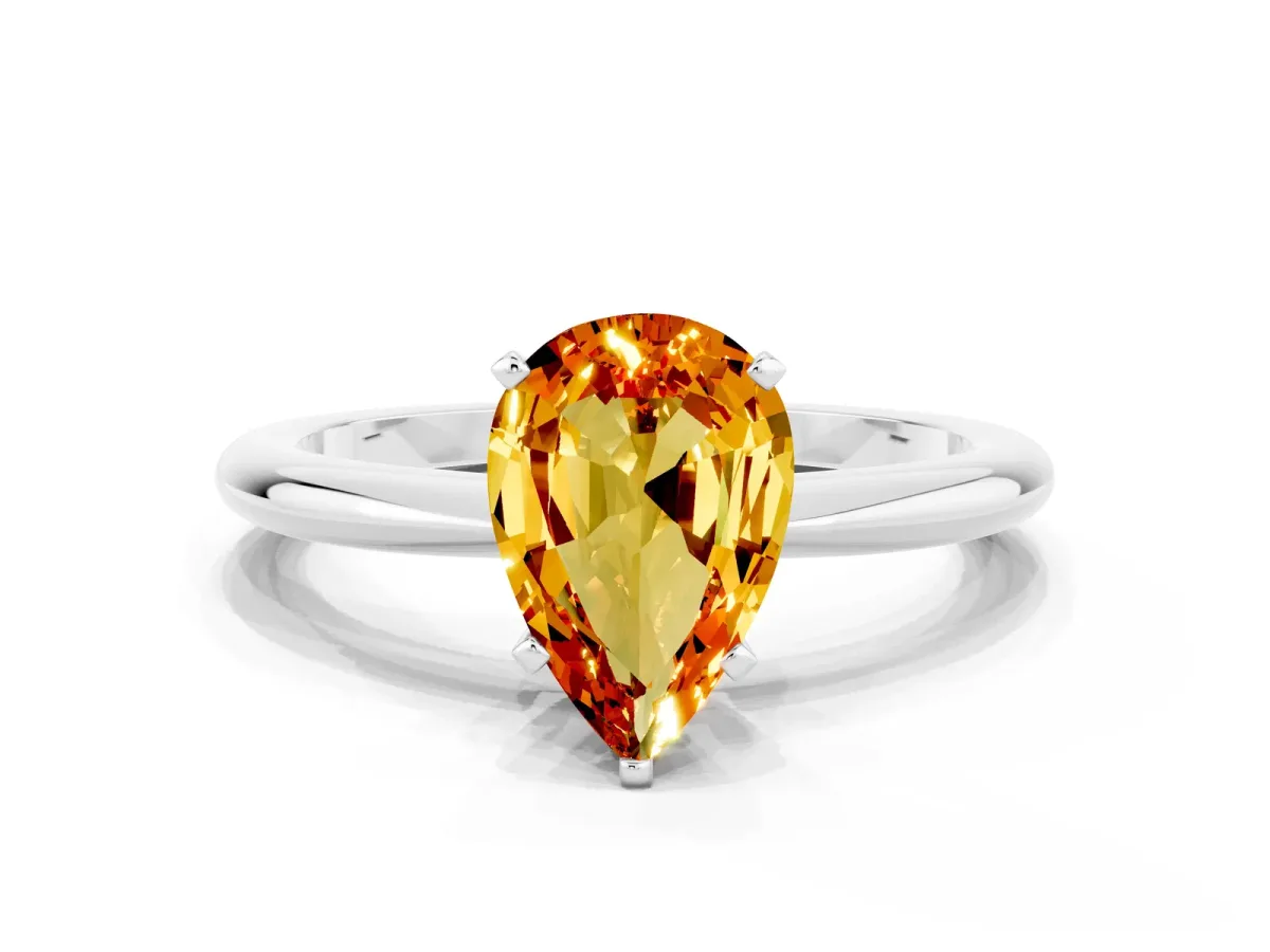 Pear Cut Citrine Solitaire Ring with Six-Prong Setting and Classic Band Platinum