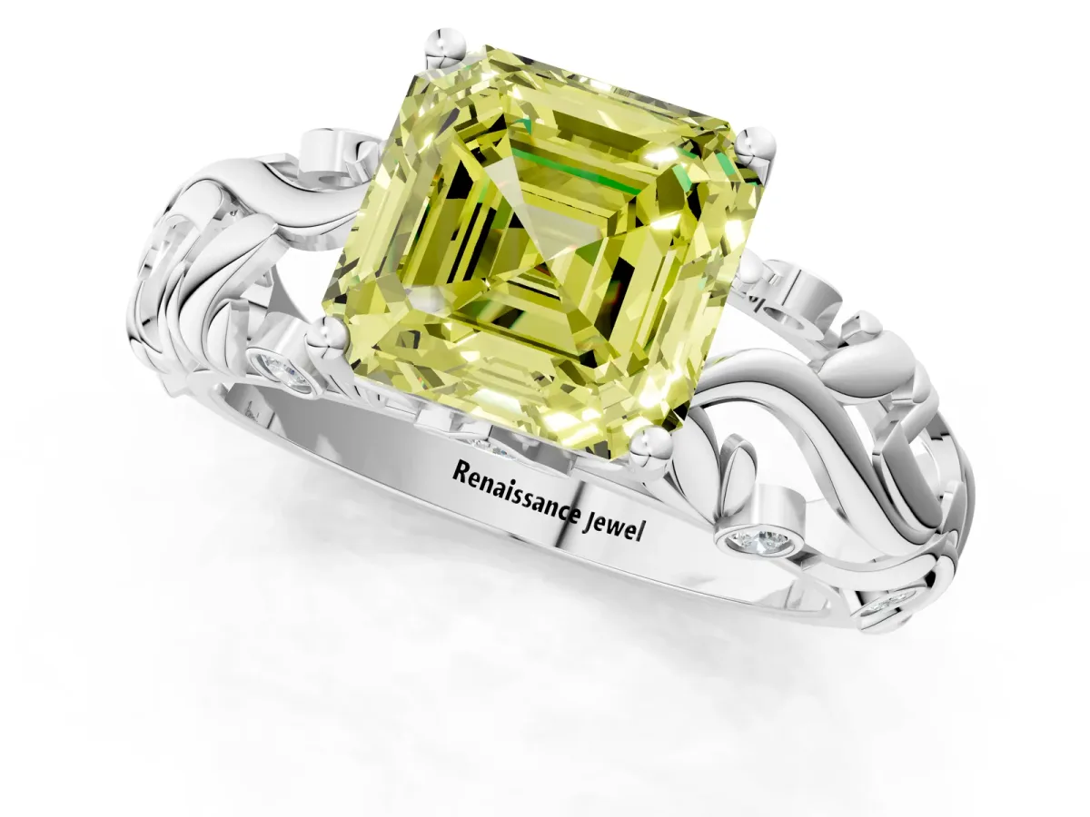Fancy Yellow Asscher Cut Solitaire Diamond Leaf-Inspired Vine Band Ring with Prong Setting Platinum