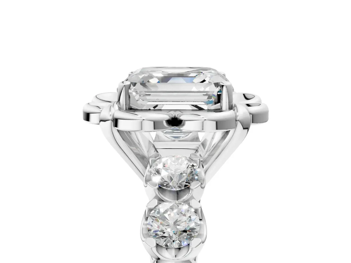 Asscher Cut Cut Diamond Floral Halo Engagement Ring with Shared Prong Setting Silver