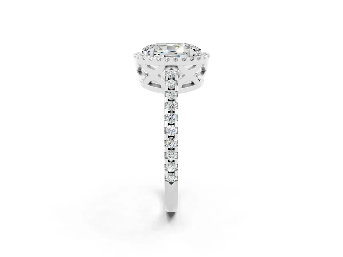 Oval Cut Moissanite Halo Engagement Ring with Pavé Band and Prong Setting White gold