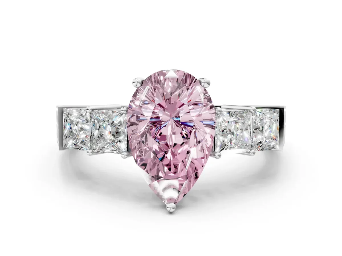 Fancy Pink Pear Cut Solitaire Princess Side Stone Engraved Band Prong Setting Ring Platinum