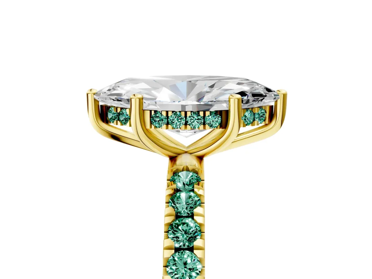 Marquise Cut Diamond Pave Band Solitaire Ring with Round Green Sapphire and Prong Setting Yellow gold