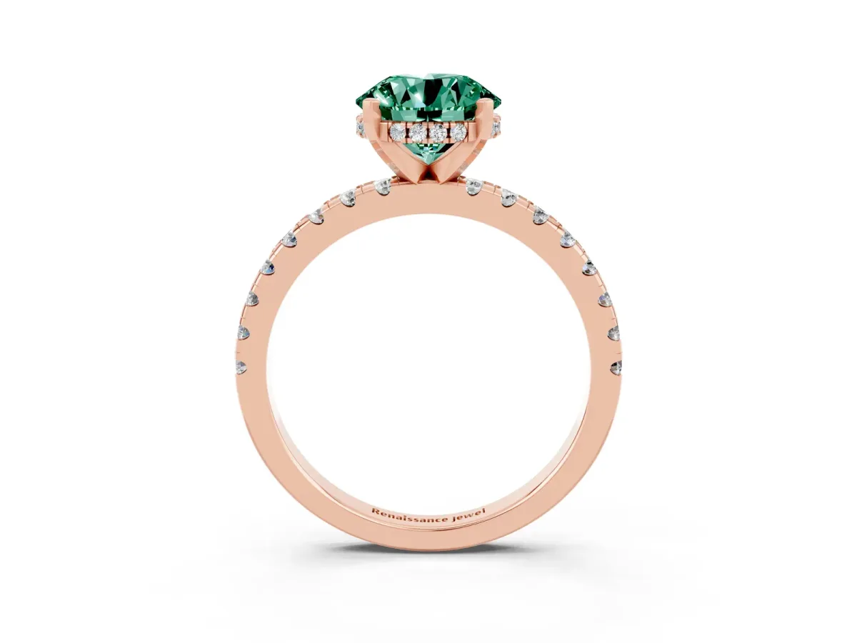 Round Cut Green Sapphire Solitaire Ring with Round Pavé Band and Four-Prong Setting Rose gold